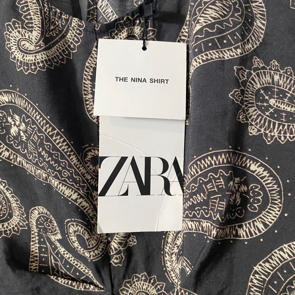 Zara The Nina Shirt Black Paisley Puff Sleeve Button Back Top Women's Sz XS - Picture 3 of 5